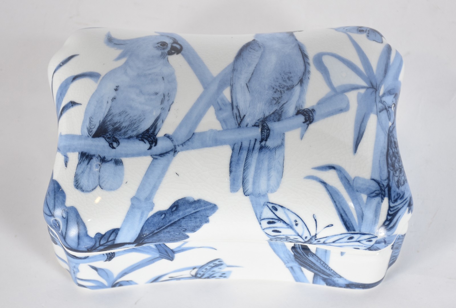 Caixa de porcelana decorada com folhagens em azul e branco. - foto 2 de 5