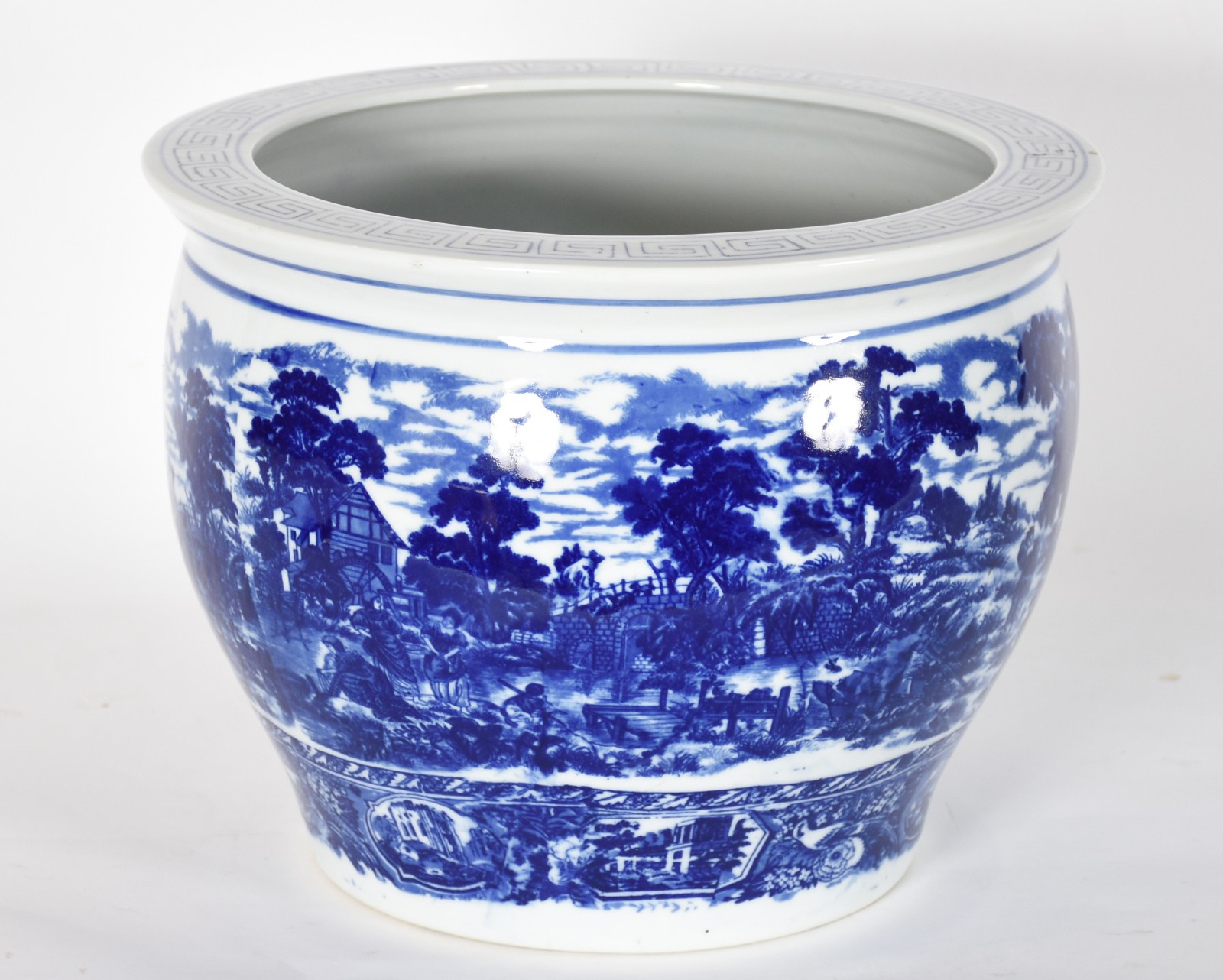 Cachepot de porcelana oriental decorado com paisagem em azul e branco... - foto 1 de 6
