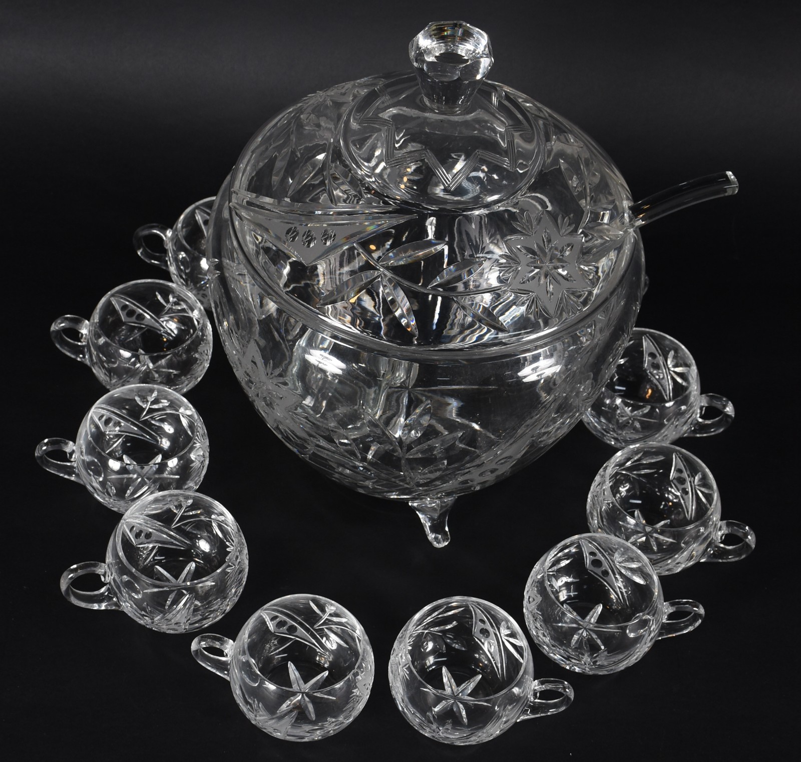 Poncheira em demi cristal lapidado com 10 canecas e concha (pé... - foto 3 de 7
