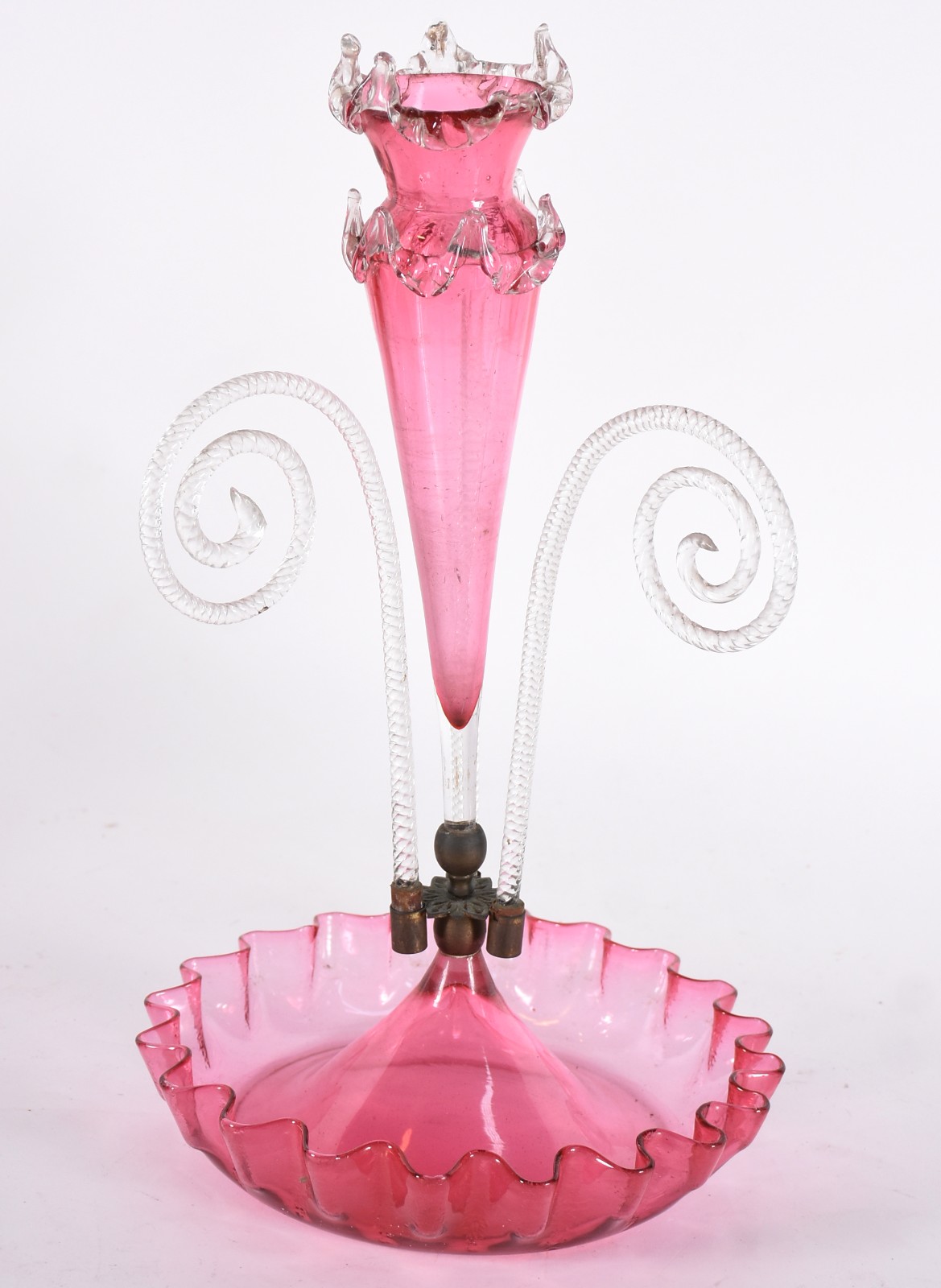 Floreira de cristal na cor rosa com 3 hastes de vidro retorcido na... - foto 1 de 4