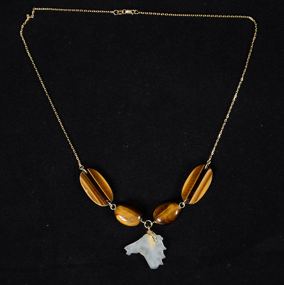 Conjunto de colar e pendente em outro 18 k, com pedra "olho de... - foto 2 de 2