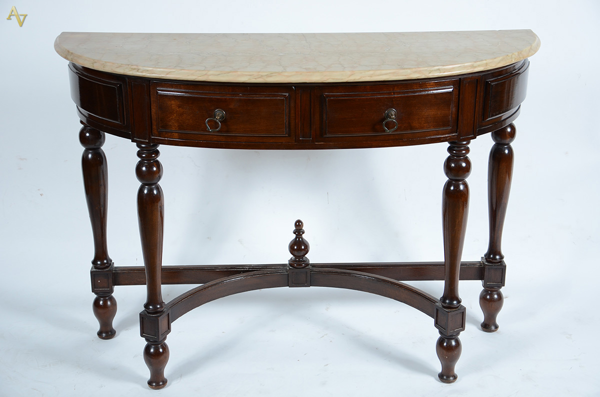 Console de madeira nobre feitio meia lua, 2 gavetas, pernas... - foto 1 de 2