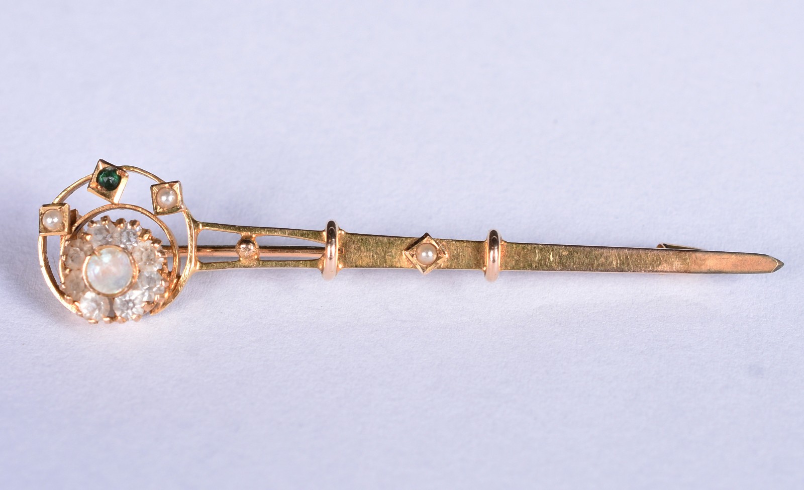 Broche em ouro18 k com 8 diamantes, 1 opala, 3 mini perolas naturais... - foto 1 de 3