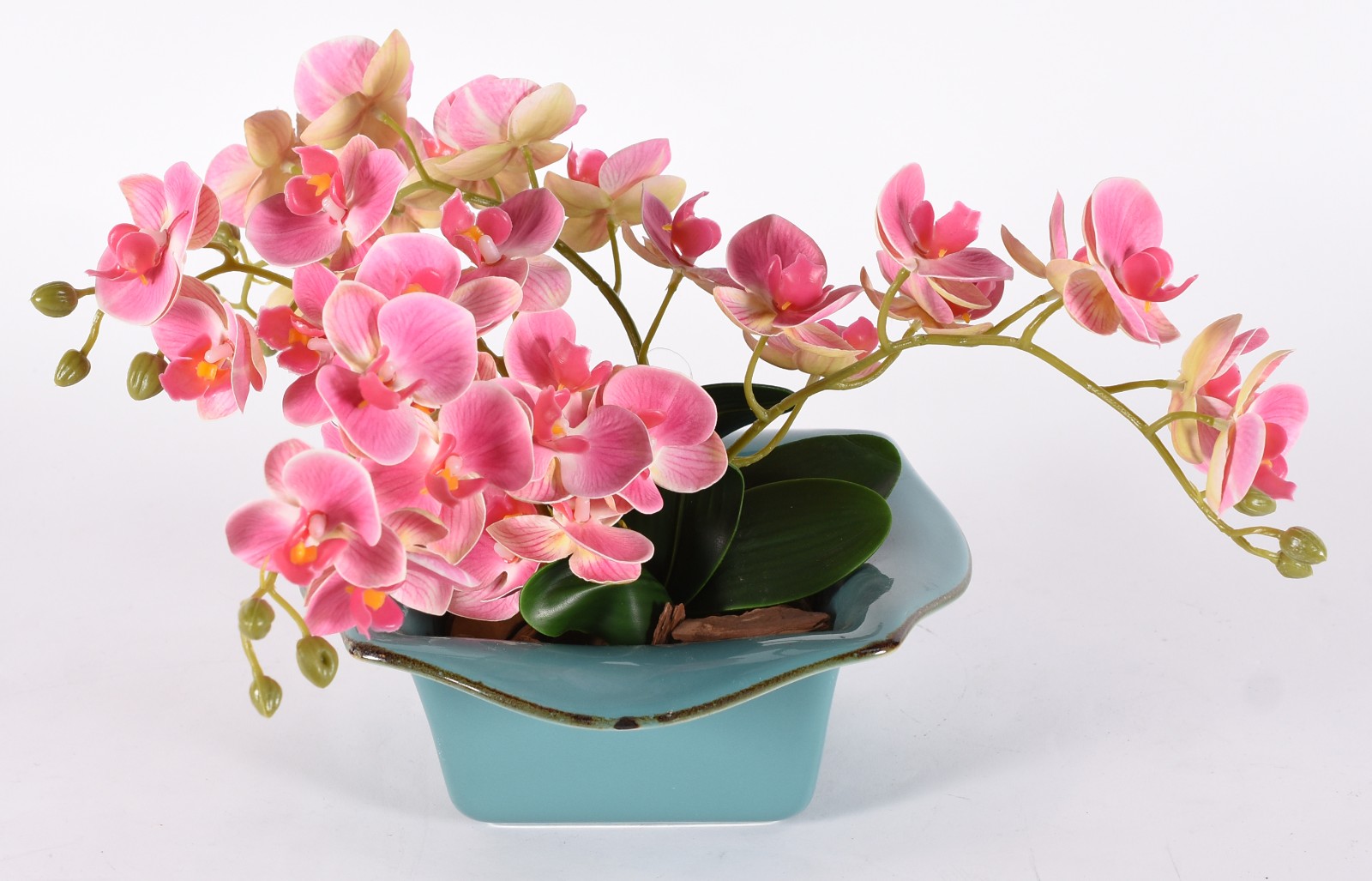Cachepot de faiança azul com composição floral de orquídeas... - foto 2 de 3