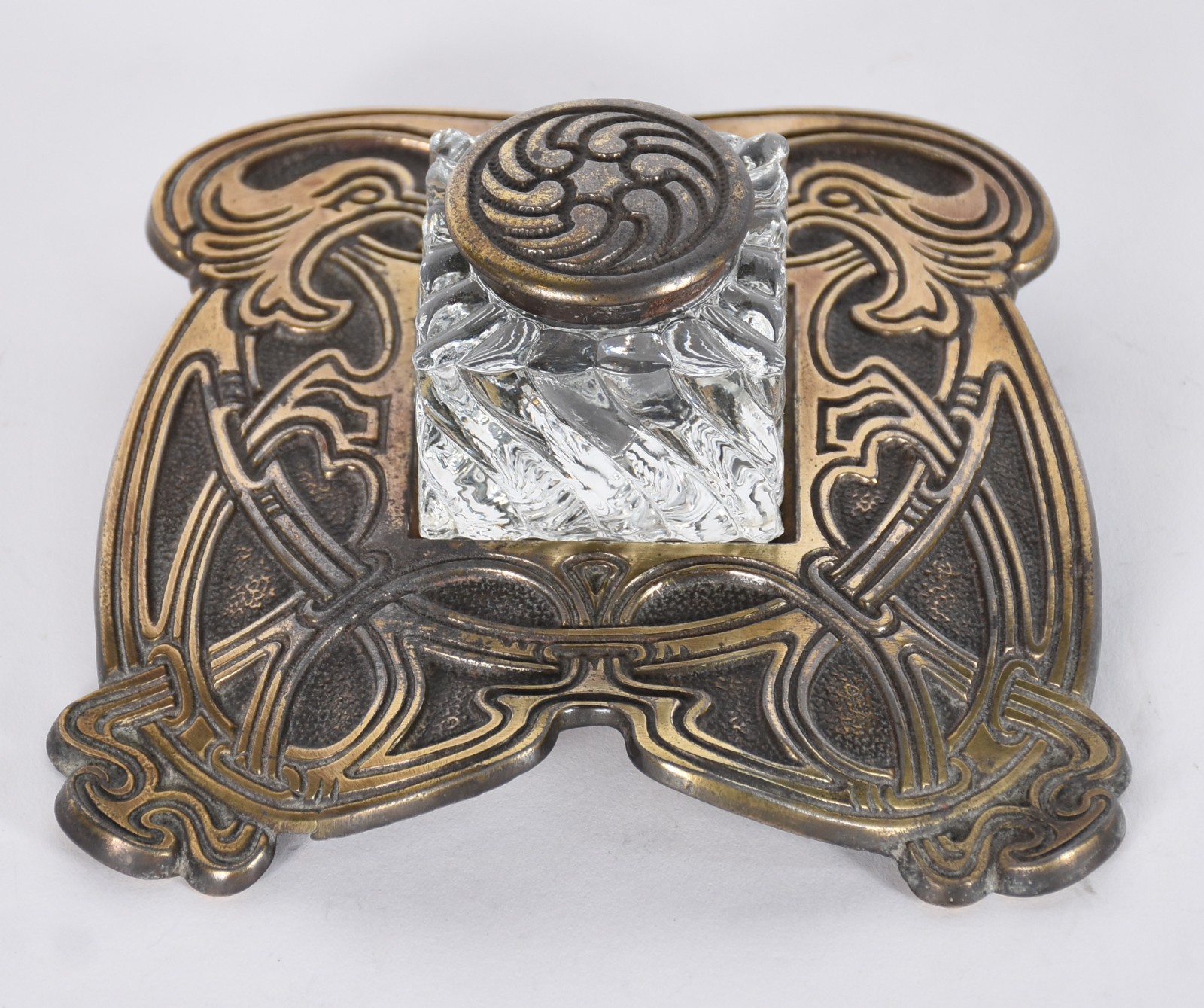 Tinteiro de bronze com desenhos Art Nouveau, recipiente de cristal... - foto 1 de 4