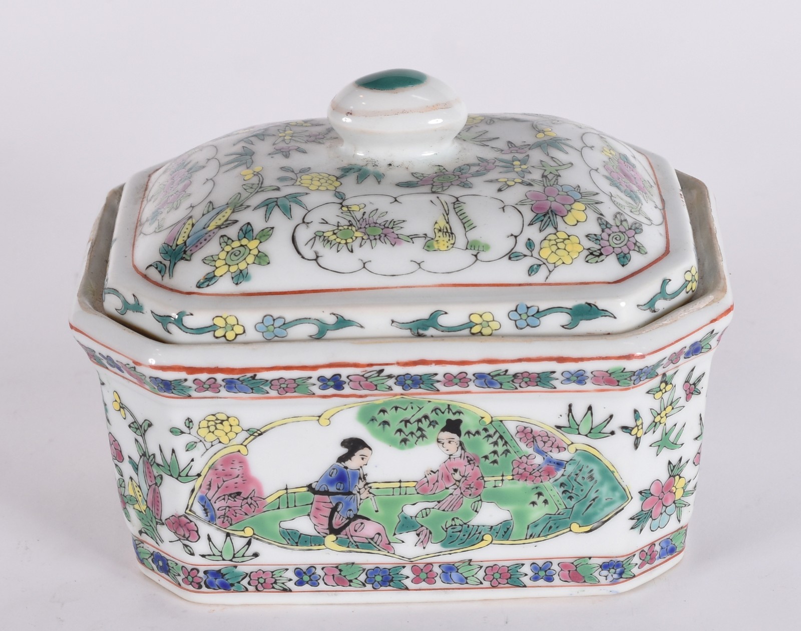 Bowl oitavado de porcelana oriental com figuras e folhagens em... - foto 1 de 5