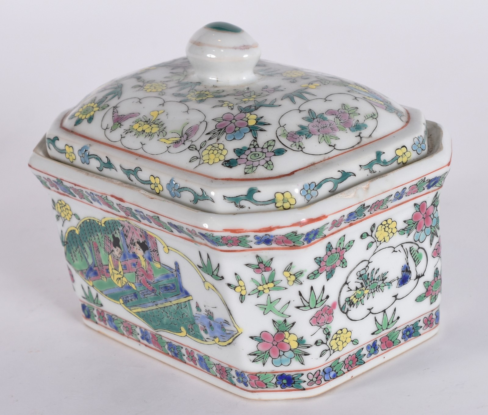 Bowl oitavado de porcelana oriental com figuras e folhagens em... - foto 2 de 5