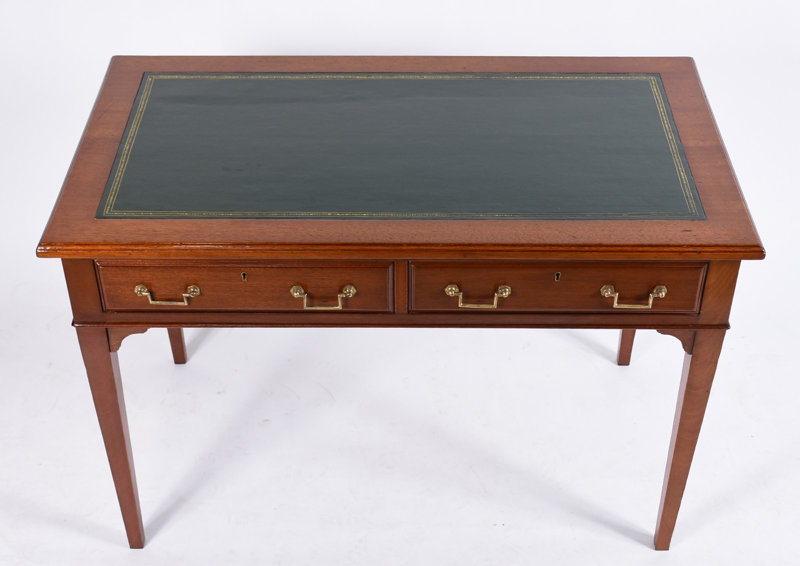 Mesa de escritório de madeira nobre, tampo de couro, duas gavetas... - foto 2 de 5