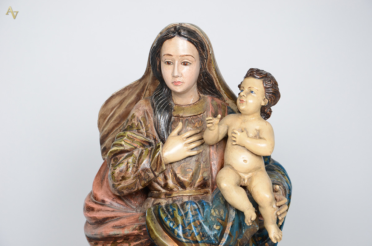 NOSSA SENHORA com menino - Imagem de madeira policromado e olhos de... - foto 2 de 5