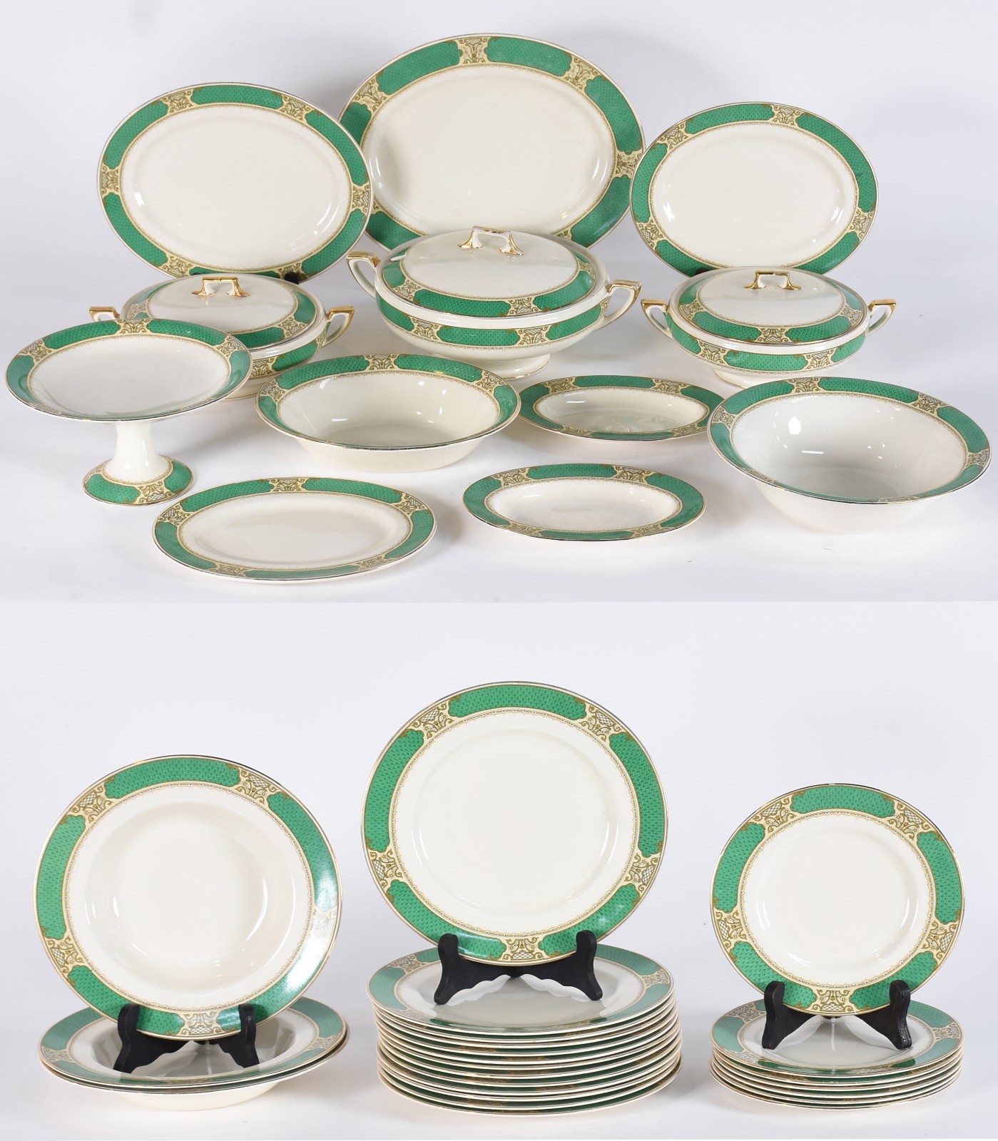 Aparelho de faiança inglesa Royal Crown, borda verde e detalhes... - foto 1 de 6