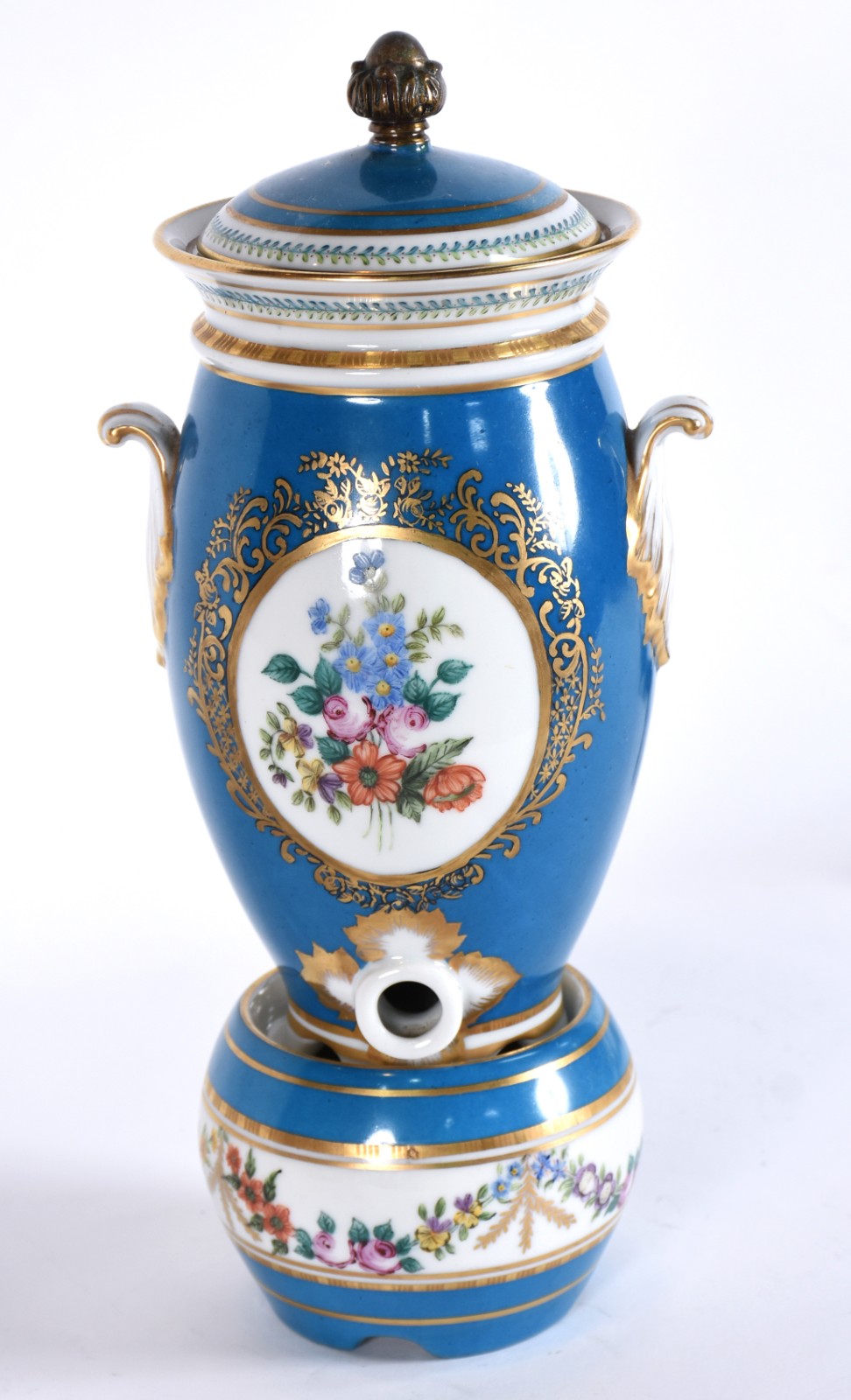 Samovar de porcelana azul turquesa com flores em policromia e frisos... - foto 1 de 8