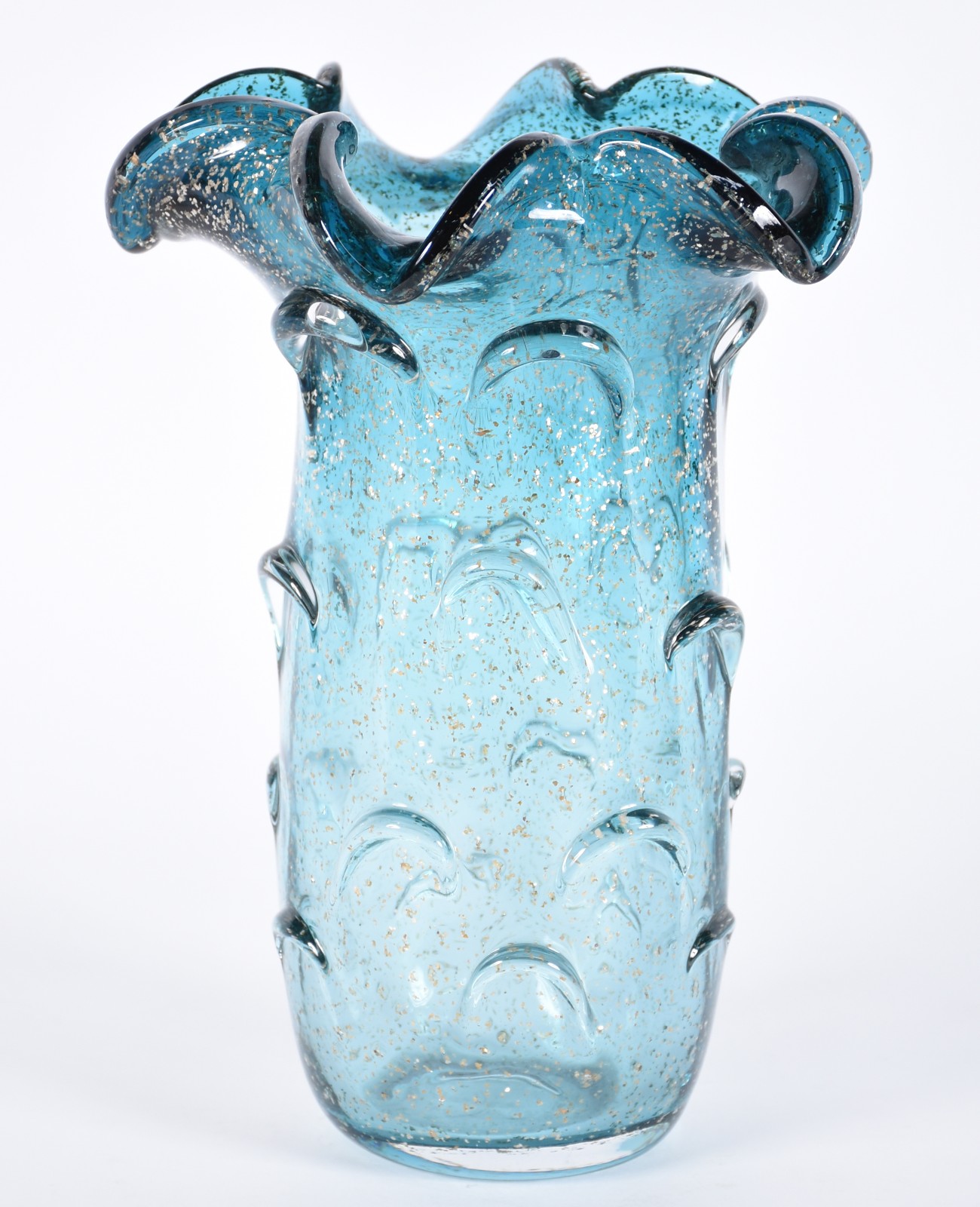 Vaso de vidro decorativo na cor azul com borda feitio babado. - foto 1 de 3