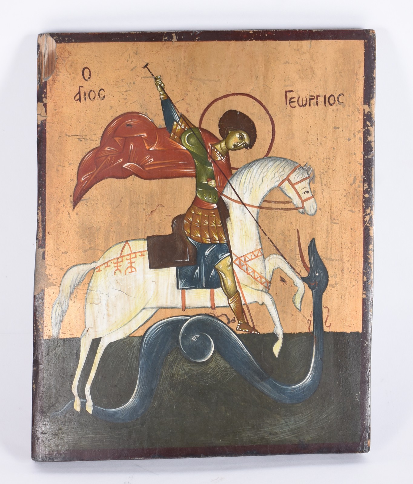 Ícone de madeira com figura policromada representando São Jorge com... - foto 1 de 3