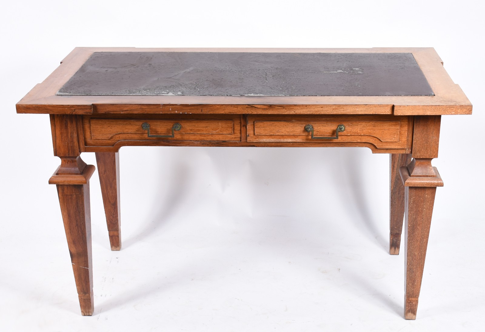 Mesa de escritório de madeira nobre com 2 gavetas e tampo de couro no... - foto 2 de 8