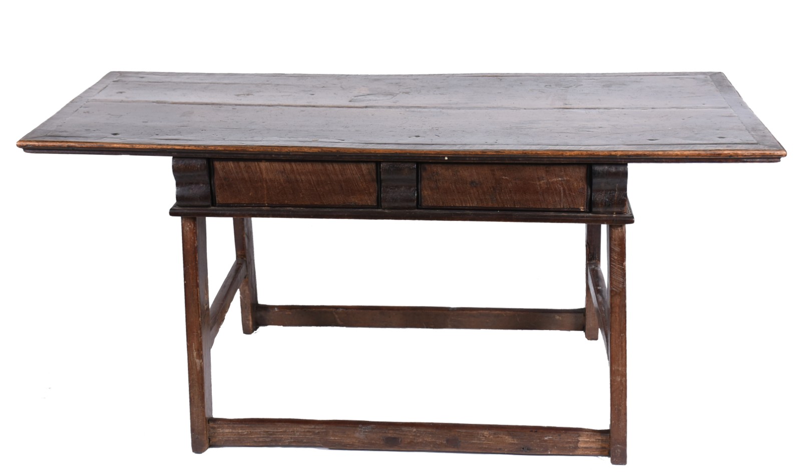 Mesa de madeira de demolição com 2 gavetas, base feitio cavalete. - foto 4 de 5