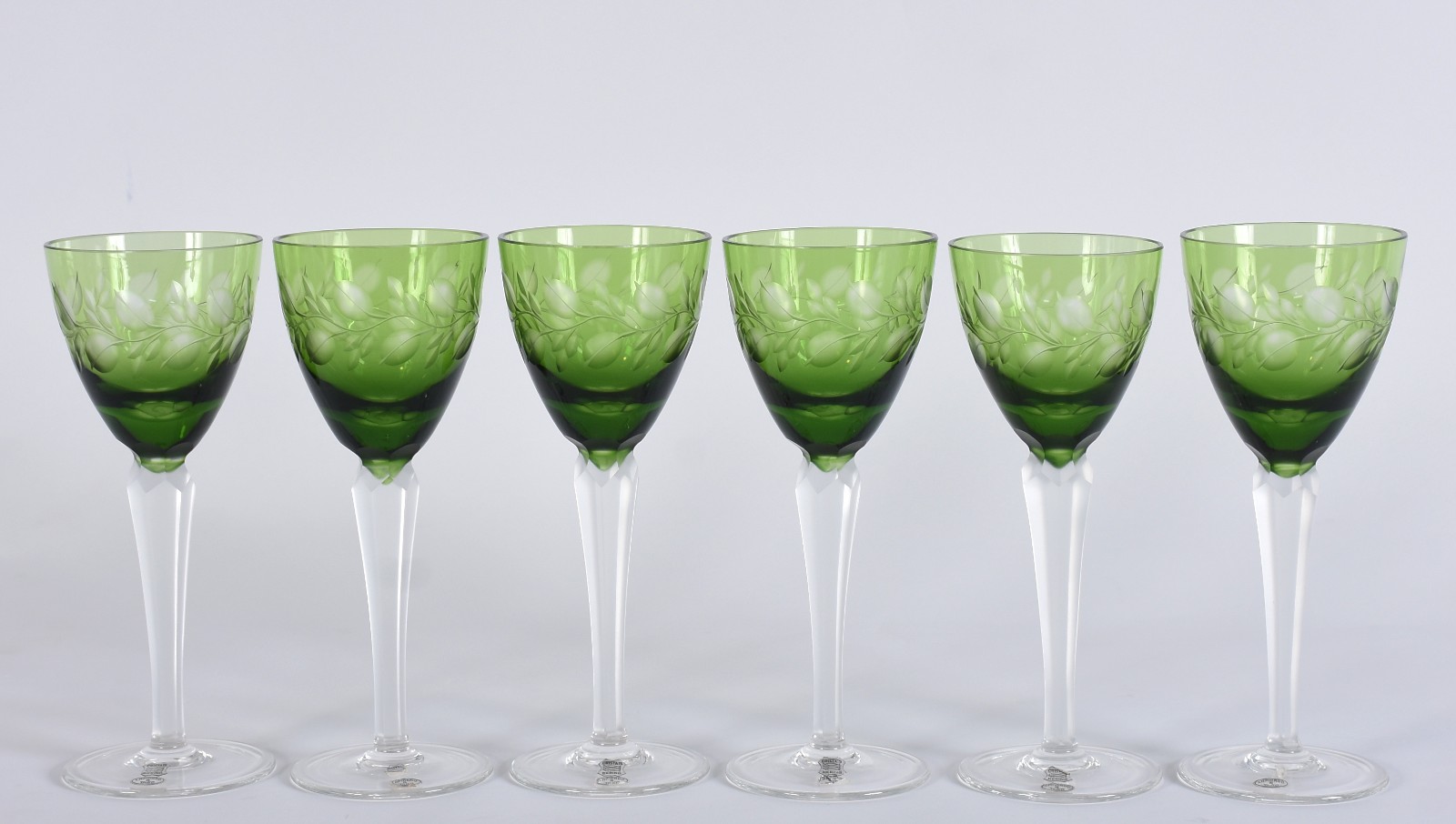 Seis cálices para vinho de cristal doublé verde lapidado, pés altos... - foto 3 de 5