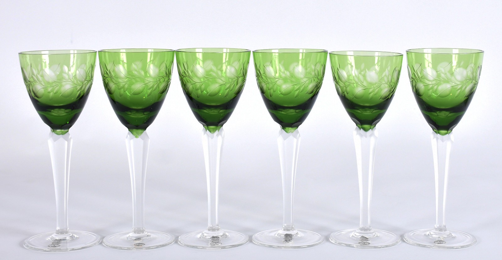 Seis cálices para vinho de cristal doublé verde lapidado, pés altos... - foto 4 de 5