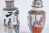 Duas peças de porcelana oriental, desenho em po... - Duas peças de porcelana oriental, desenho em policromia sendo: potiche e vaso com base.
