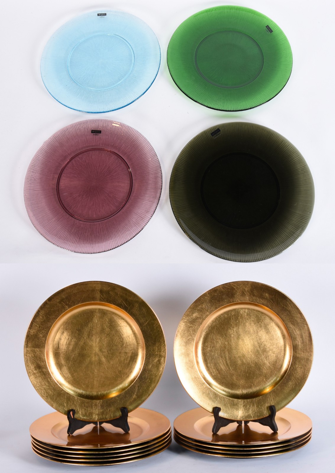 Conjunto de onze souplats de resina dourada e 4 de vidro colorido... - foto 1 de 7