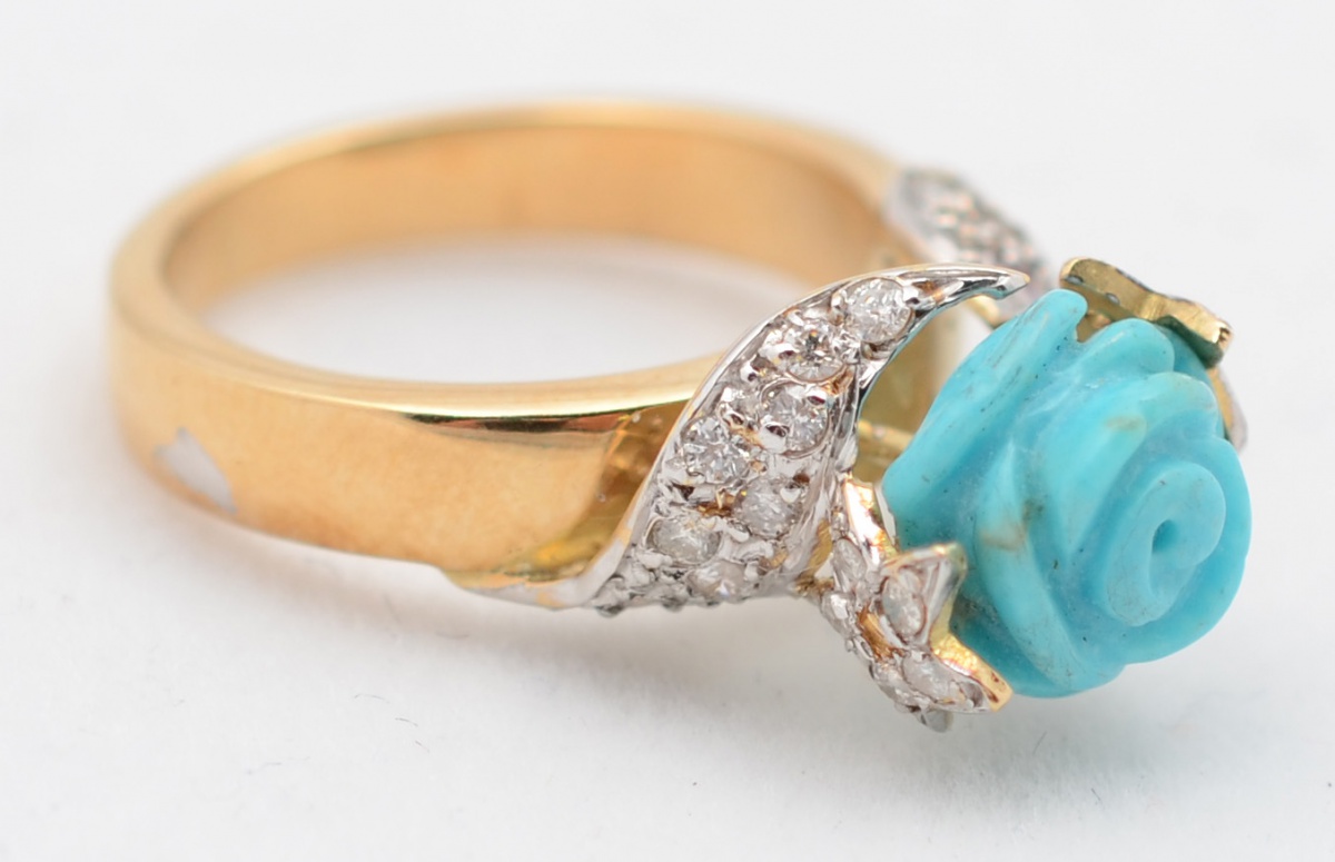 Anel em ouro amarelo 18 k 750 com brilhantes e turquesa feitio flor... - foto 1 de 2