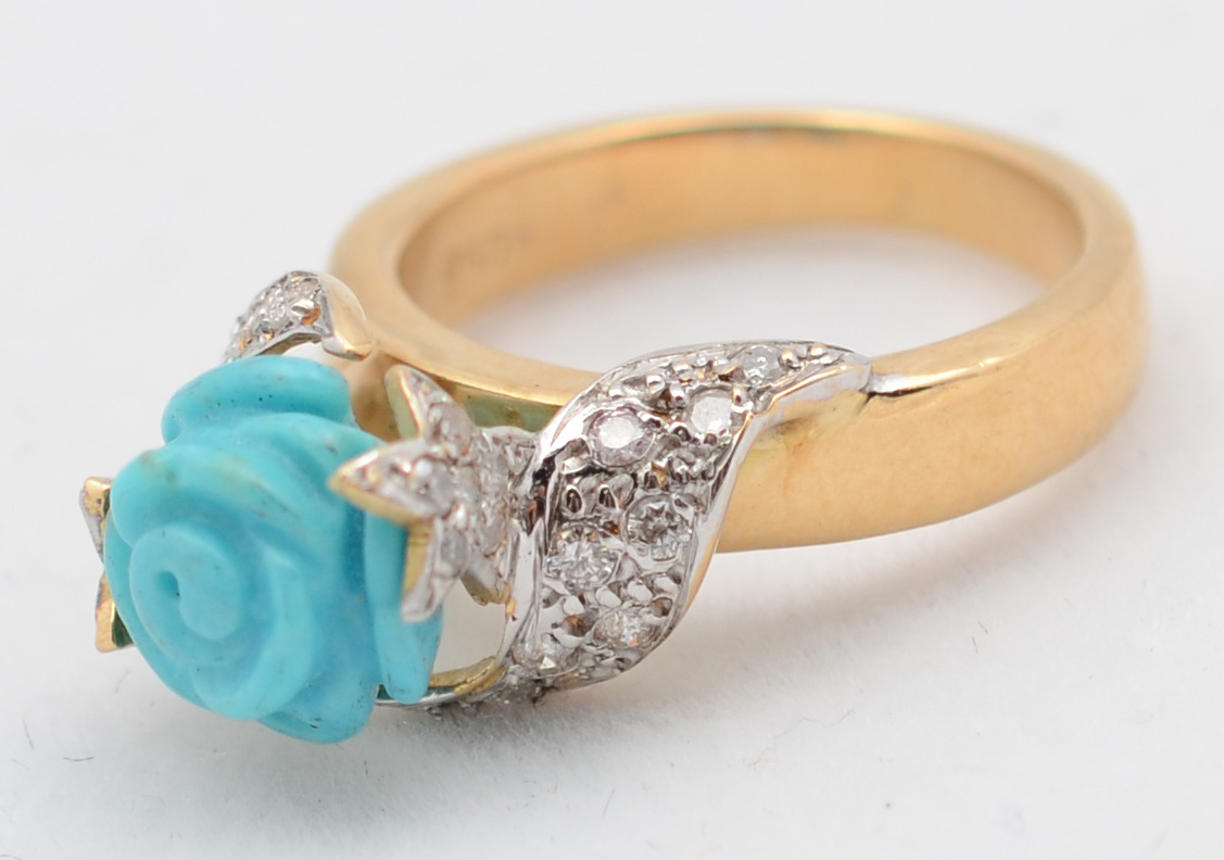 Anel em ouro amarelo 18 k 750 com brilhantes e turquesa feitio flor... - foto 2 de 2