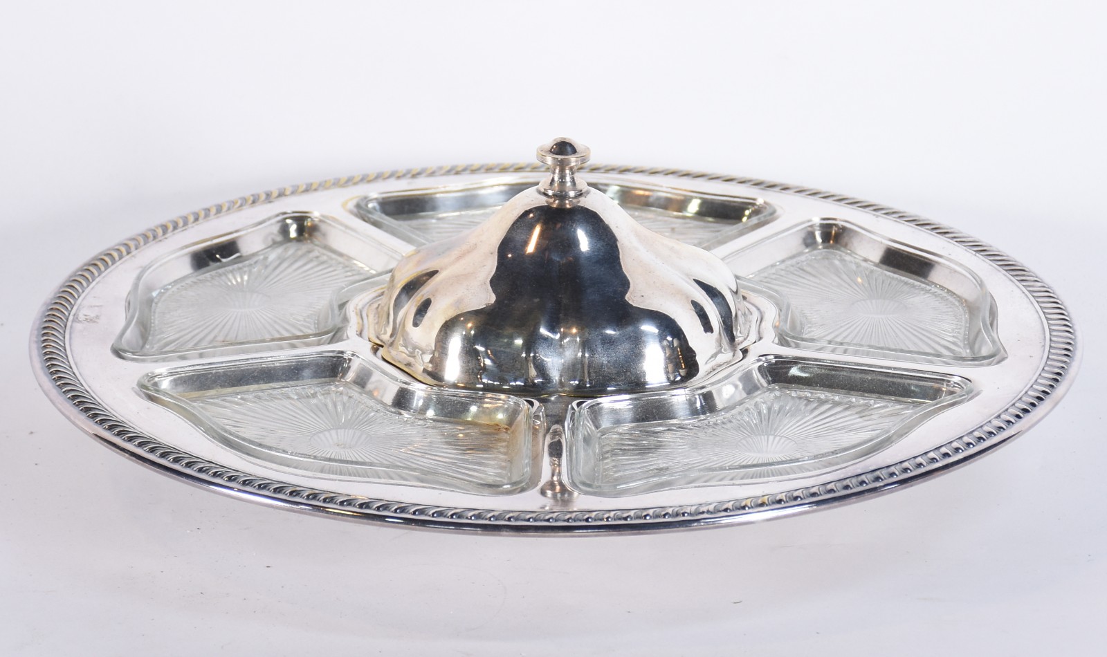 Porta petiscos de metal prateado com recipientes de cristal, (alguns... - foto 2 de 6