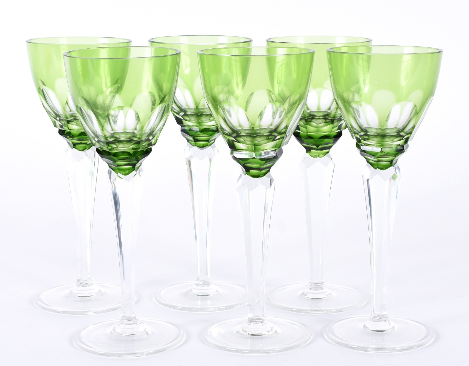 Conjunto com 6 cálices para vinho de cristal doublé verde facetados. - foto 1 de 3