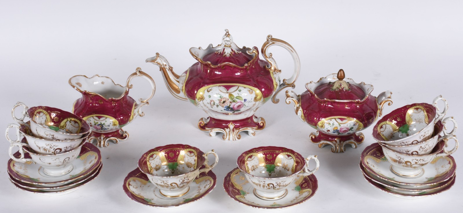 Serviço de chá de porcelana francesa Velho Paris, na cor vinho com... - foto 1 de 7