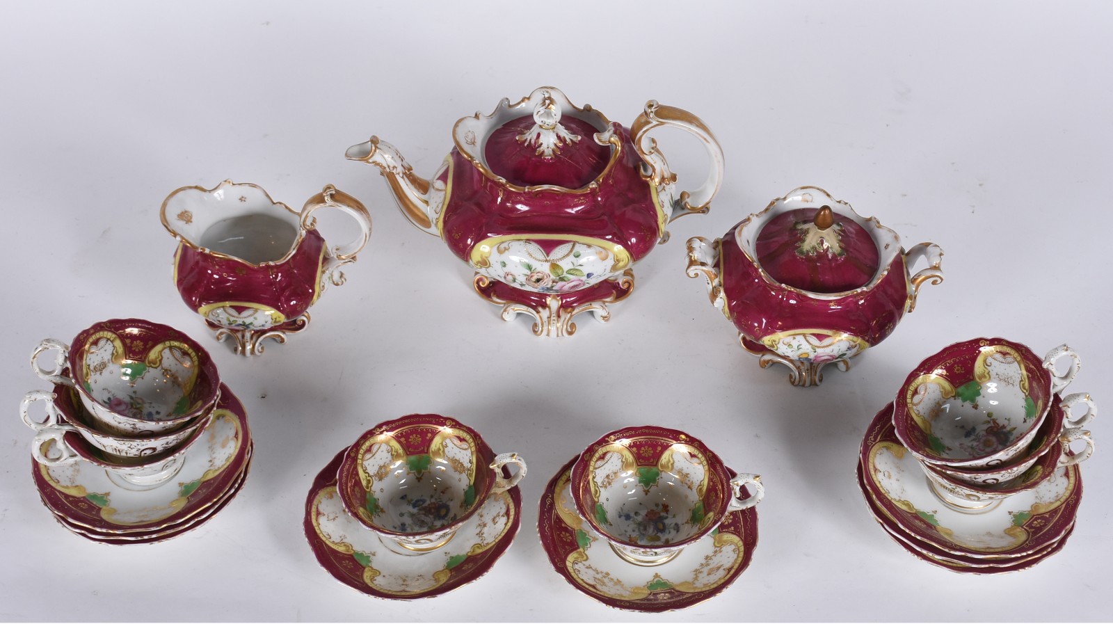 Serviço de chá de porcelana francesa Velho Paris, na cor vinho com... - foto 2 de 7