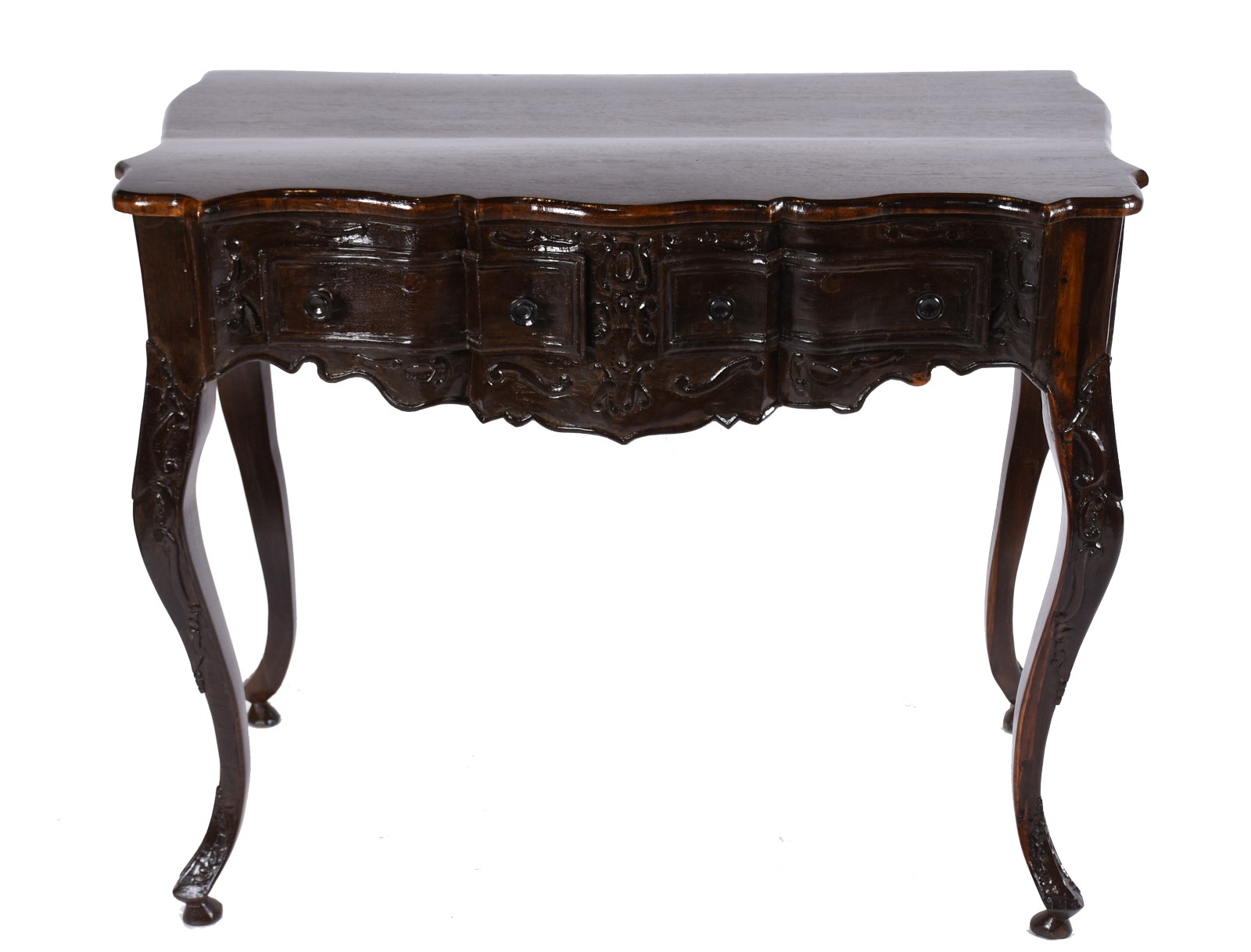 Mesa de encostar de jacarandá com 2 gavetas, saia recortada, pernas... - foto 2 de 5