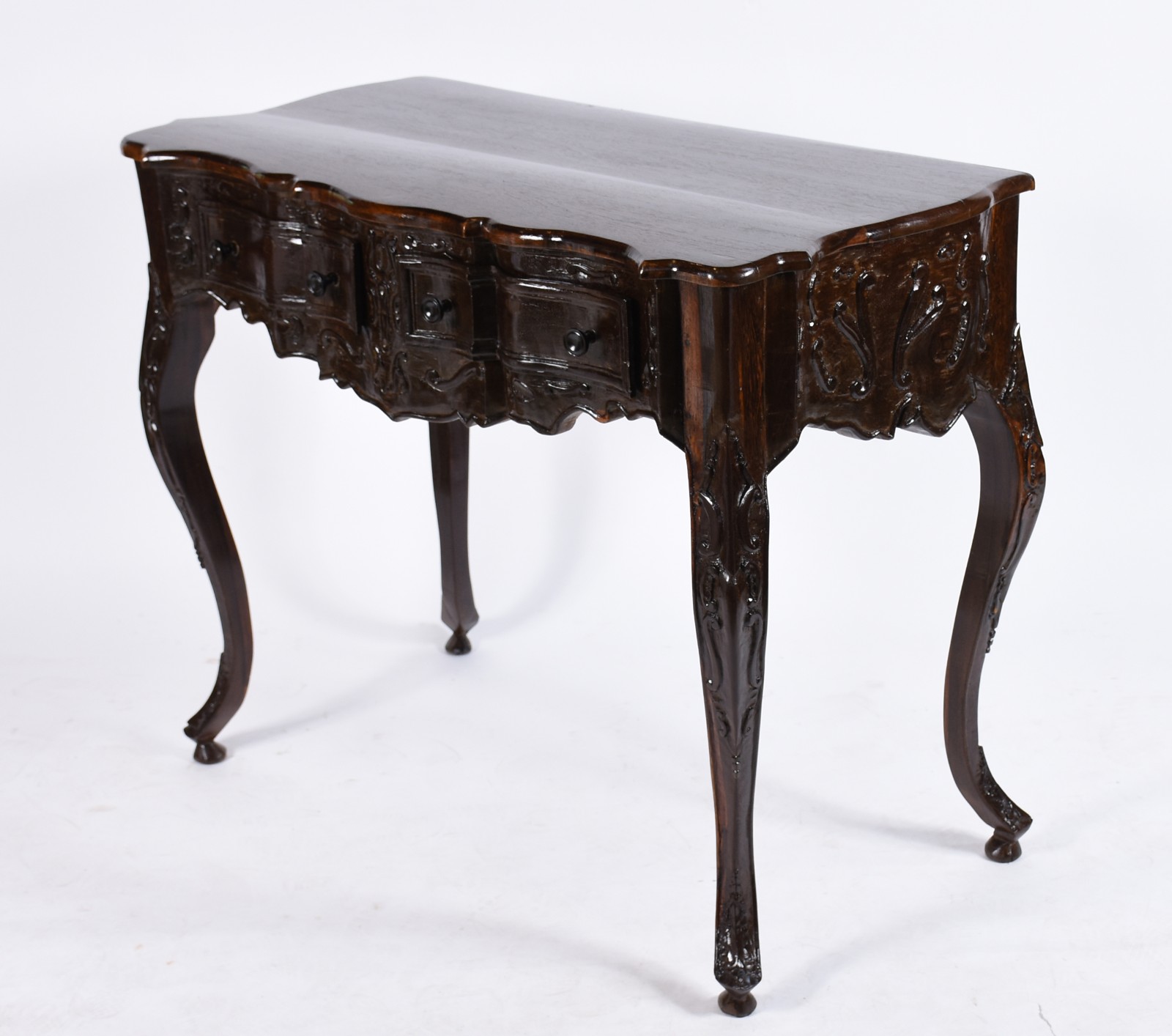 Mesa de encostar de jacarandá com 2 gavetas, saia recortada, pernas... - foto 1 de 5