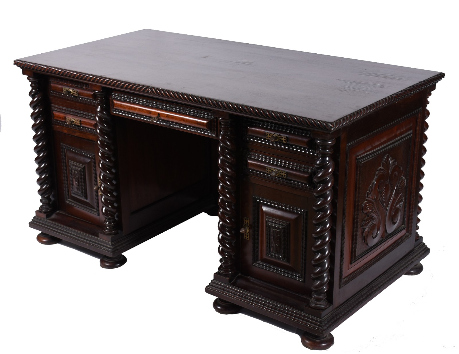 Mesa de escritório de madeira nobre, cantos em colunas torneadas... - foto 1 de 9
