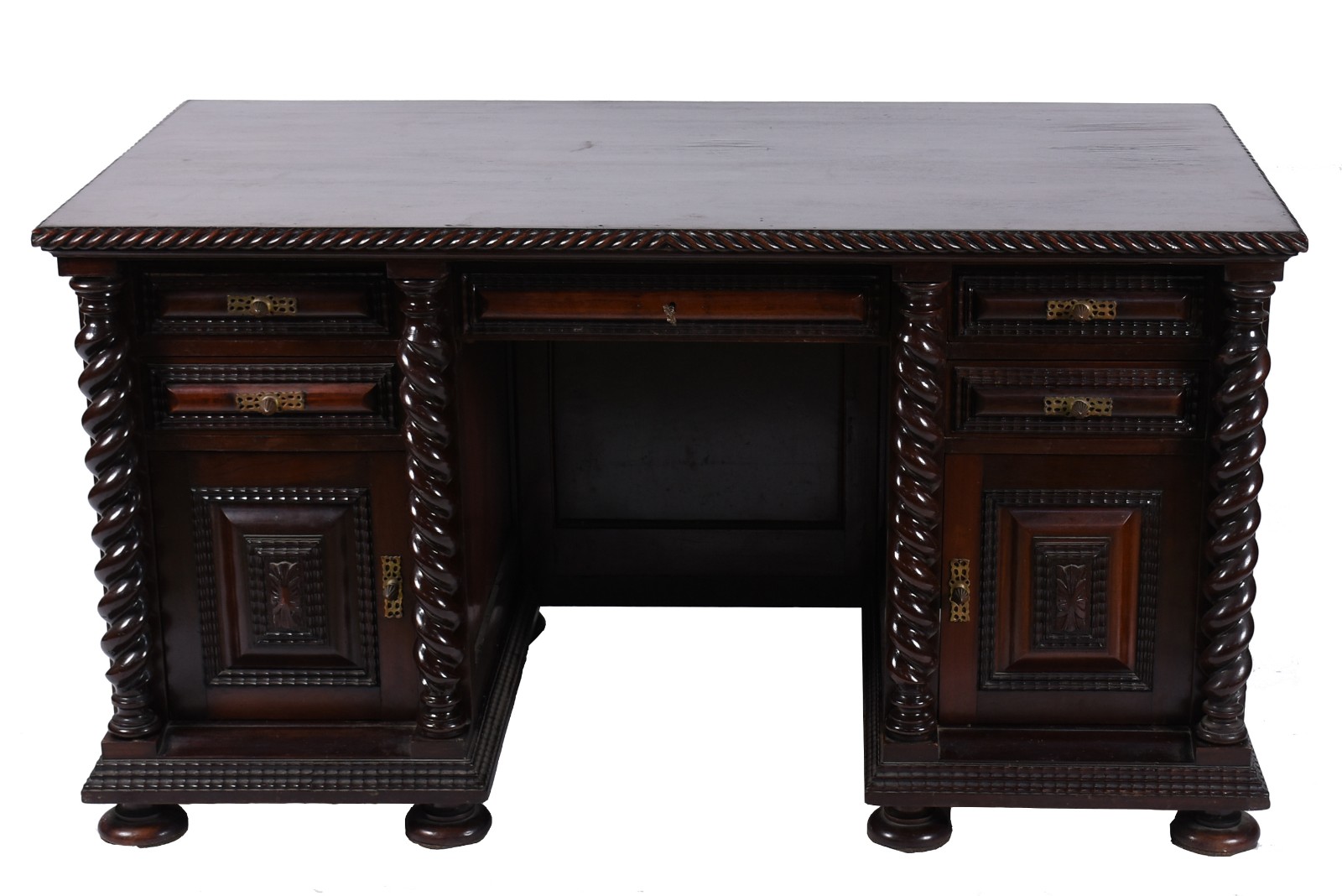Mesa de escritório de madeira nobre, cantos em colunas torneadas... - foto 2 de 9