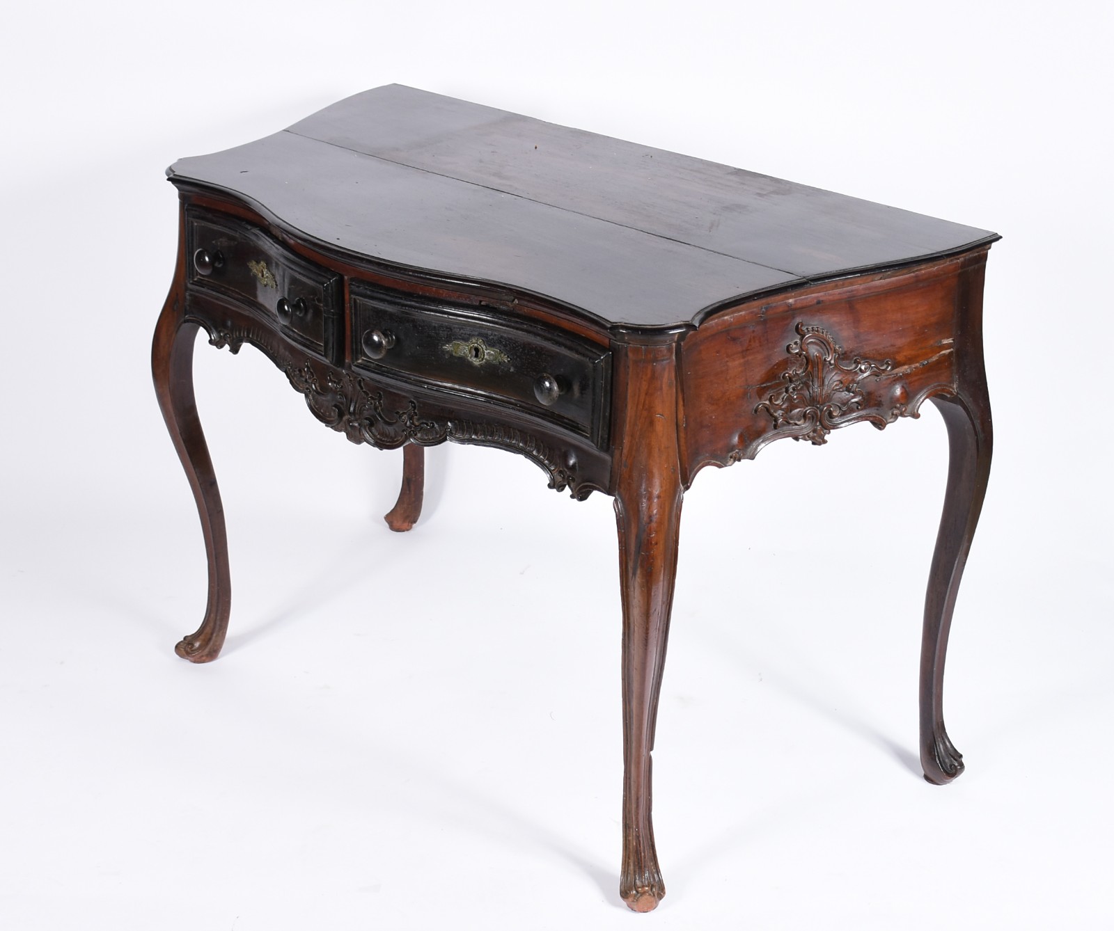 Mesa de encostar Dom José de jacarandá, caixa ondulada, duas gavetas... - foto 1 de 6