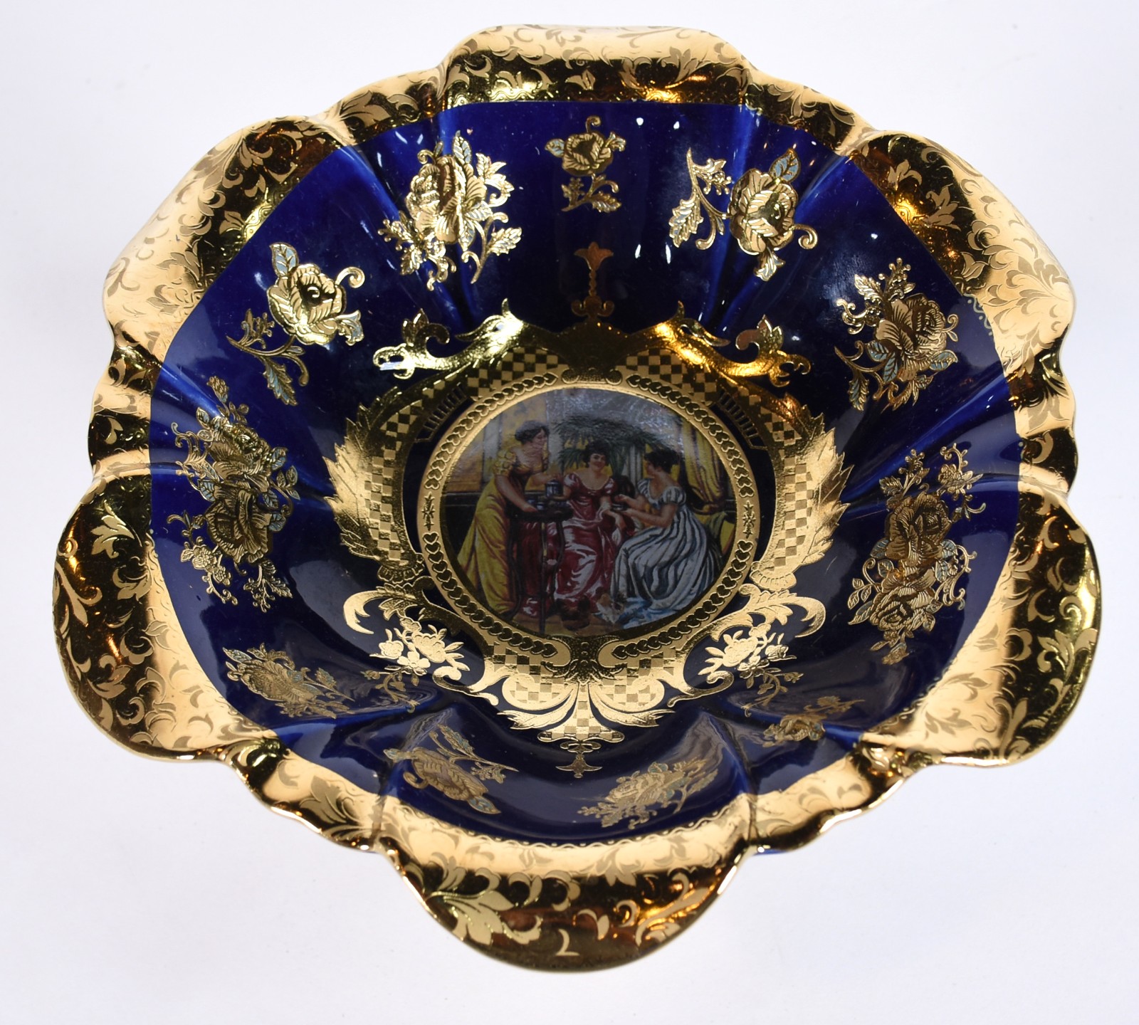 Fruteira de porcelana na cor azul cobalto com detalhes dourados... - foto 3 de 4