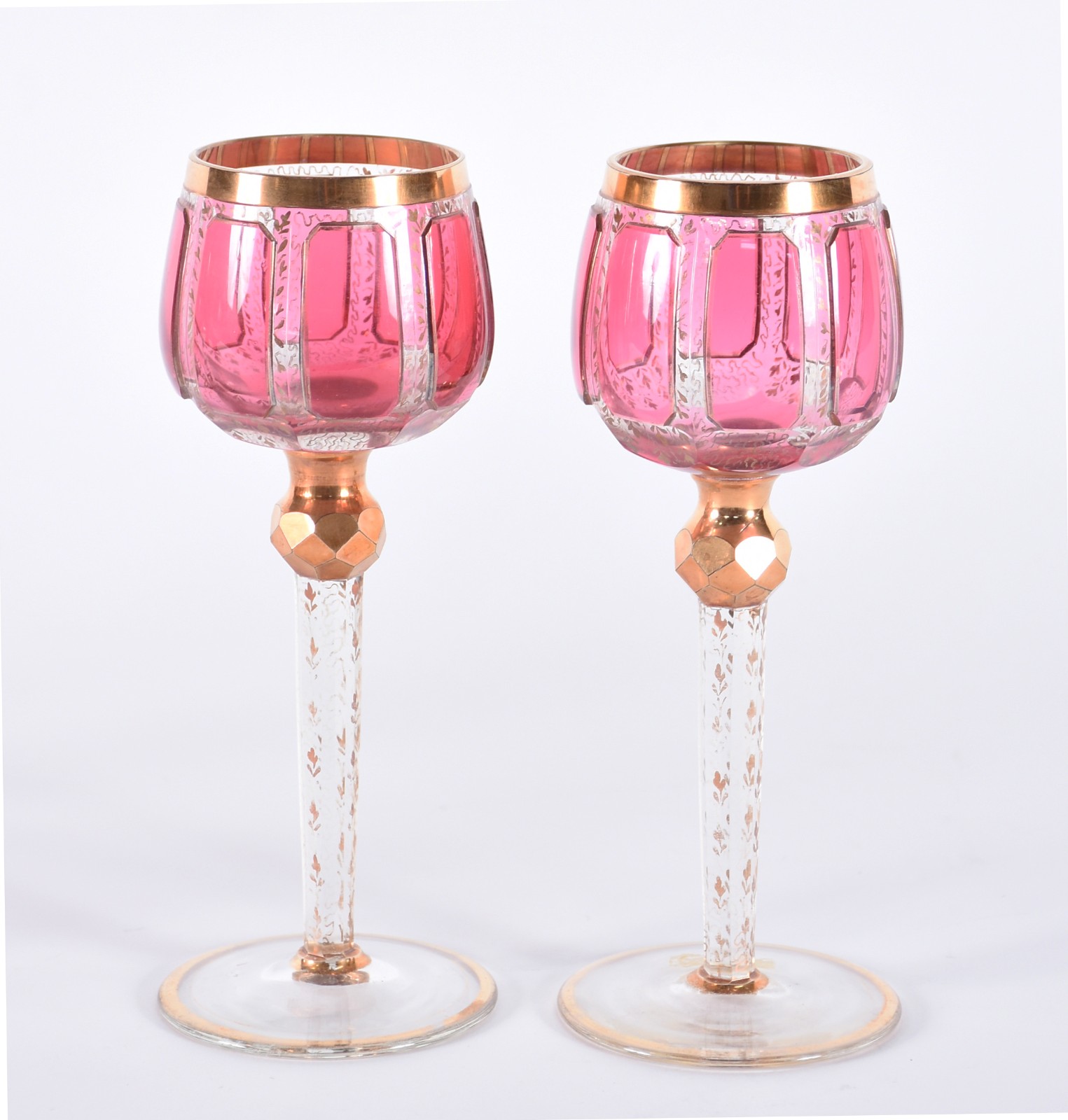 Seis cálices para vinho de cristal doublé rosa e dourado. - foto 3 de 3