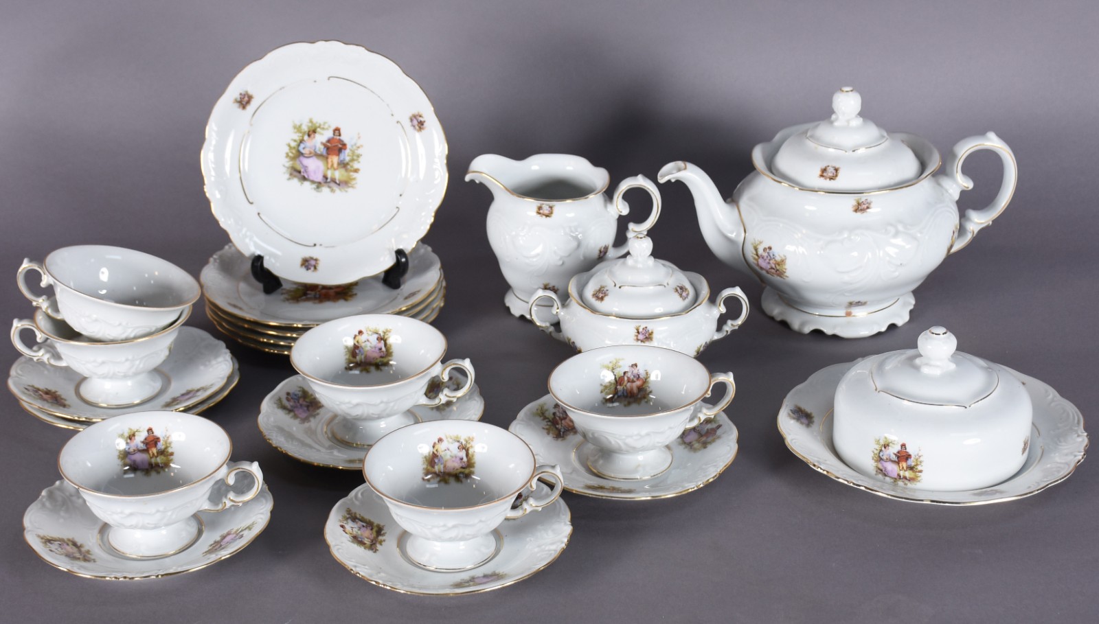 Serviço de chá de porcelana polonesa branca decorada com cenas... - foto 1 de 5