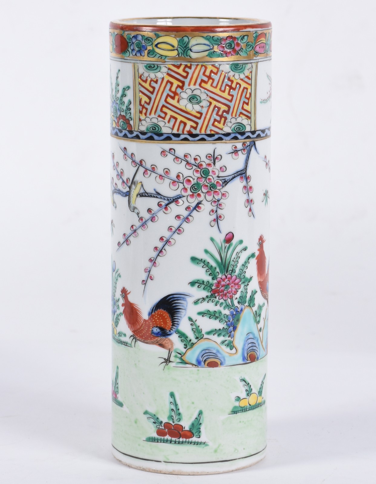 Antigo vaso de porcelana chinesa decorado com galos em policromia... - foto 1 de 5