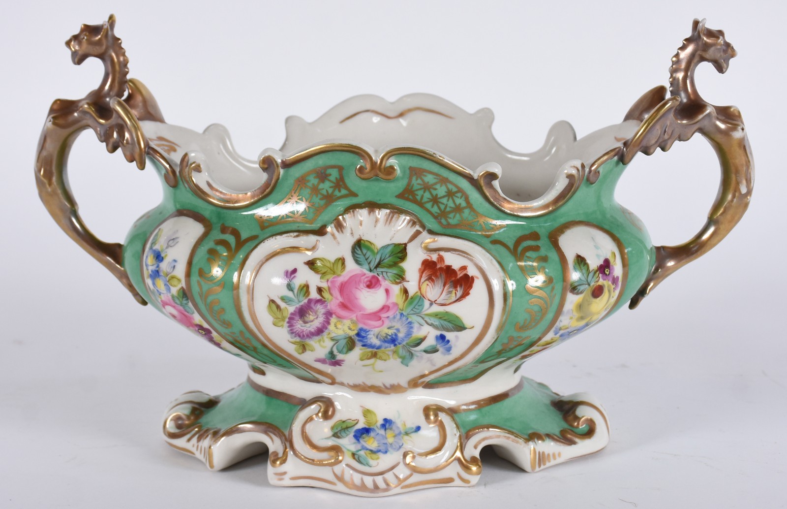 Centro de mesa de porcelana francesa de Sèvres, fundo verde com... - foto 1 de 6