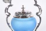 WMF (1853),  - Açucareiro de metal prateado WMF com colher e guarnição, bowl de vidro azul.