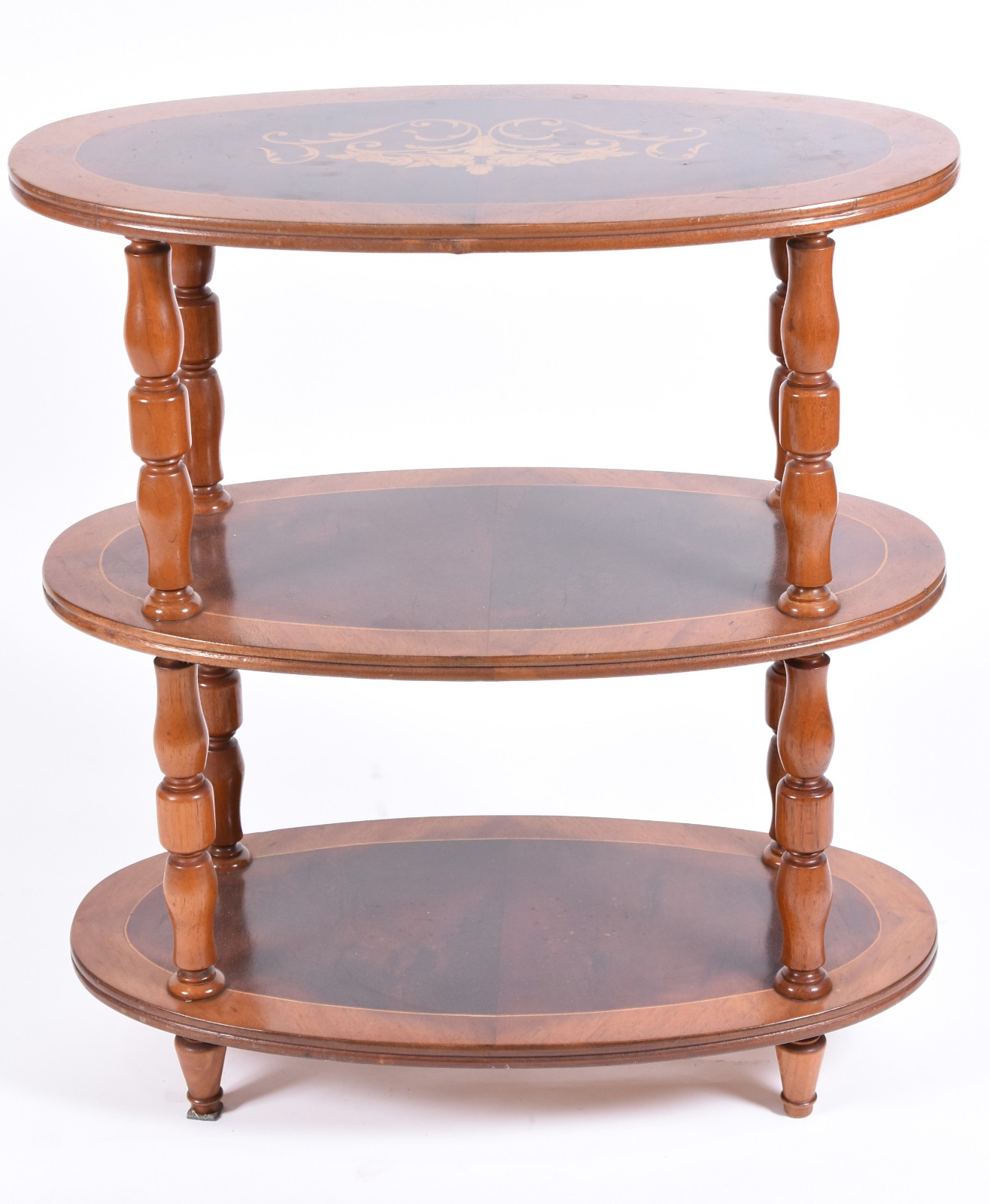 Mesa auxiliar de madeira nobre no feitio oval com 3 platôs ligados... - foto 4 de 5