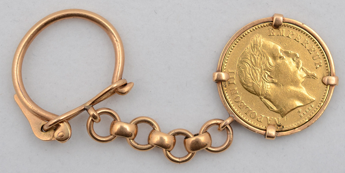 Chaveiro de ouro amarelo 18 k com moeda francesa de 20 francos. Peso... - foto 1 de 3