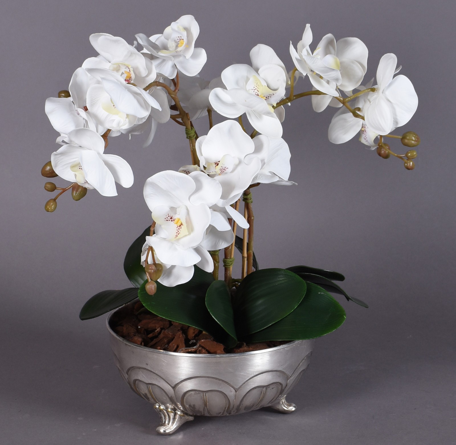 Cachepot com banho de prata com composição flor orquídeas permanentes. - foto 1 de 4