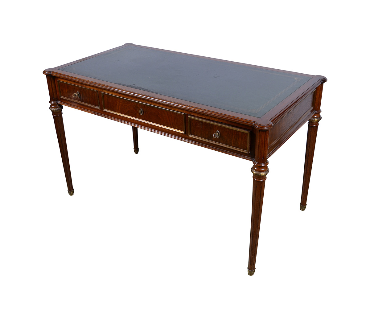 Mesa de escritório de madeira nobre, estilo ingles, tampo de couro. 3...