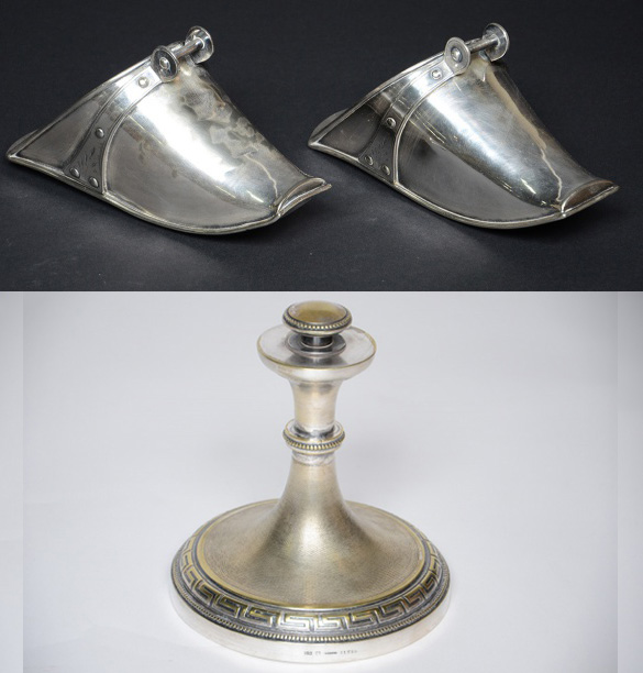Duas peças de metal prateado, sendo par de sapatas (comprimento 26 cm... - foto 1 de 2