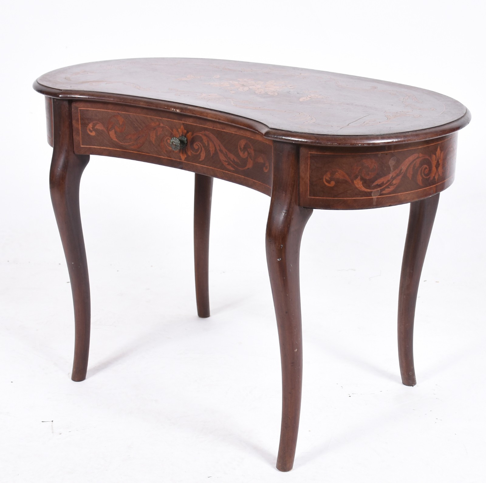Mesa auxiliar de madeira nobre trabalhada em marqueterie, feitio rim... - foto 1 de 6