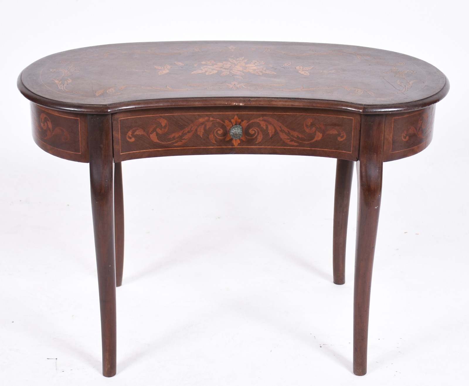 Mesa auxiliar de madeira nobre trabalhada em marqueterie, feitio rim... - foto 2 de 6