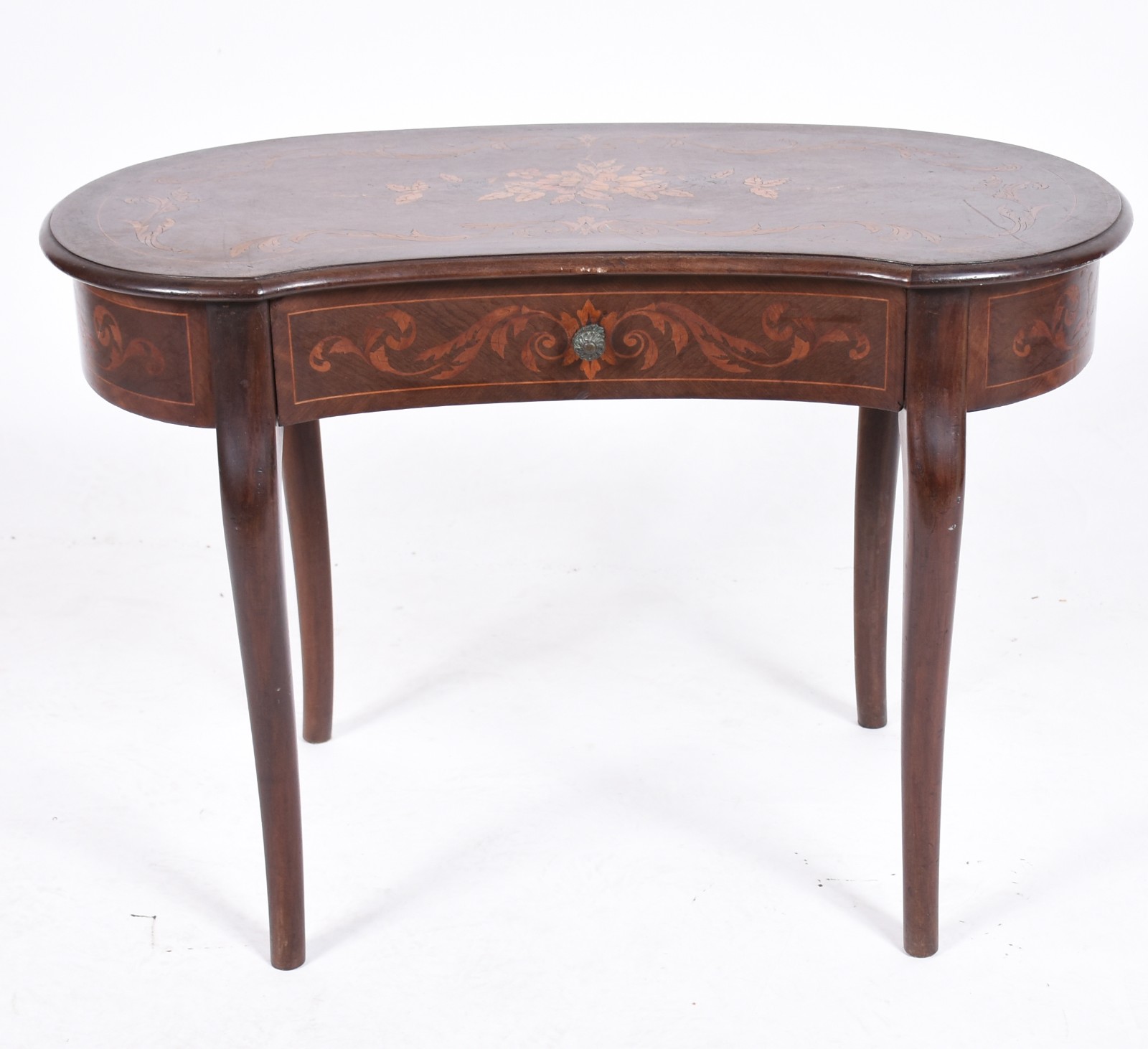 Mesa auxiliar de madeira nobre trabalhada em marqueterie, feitio rim... - foto 3 de 6