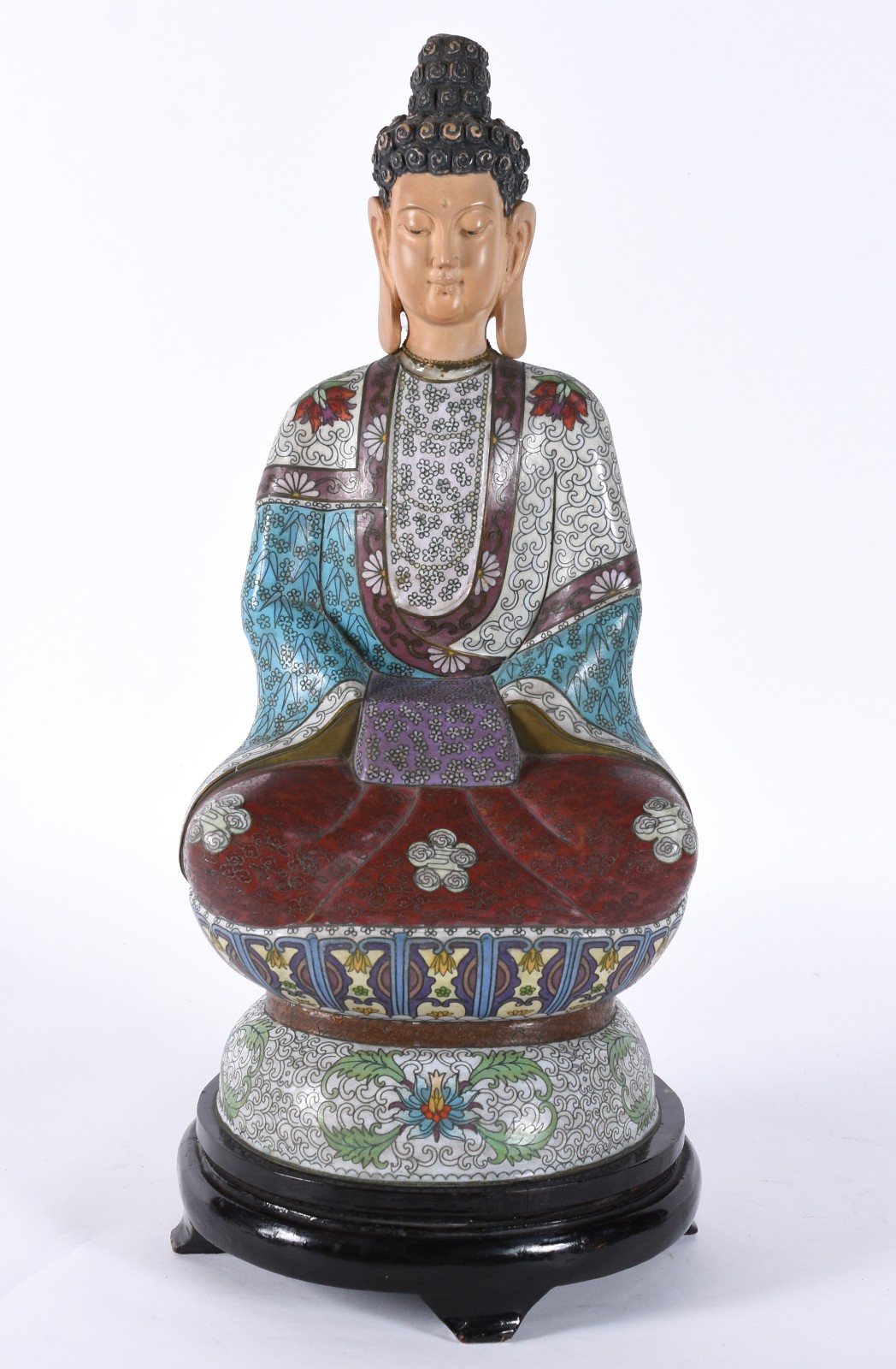Escultura de cloisonné representando Buda, base de madeira. - foto 1 de 5