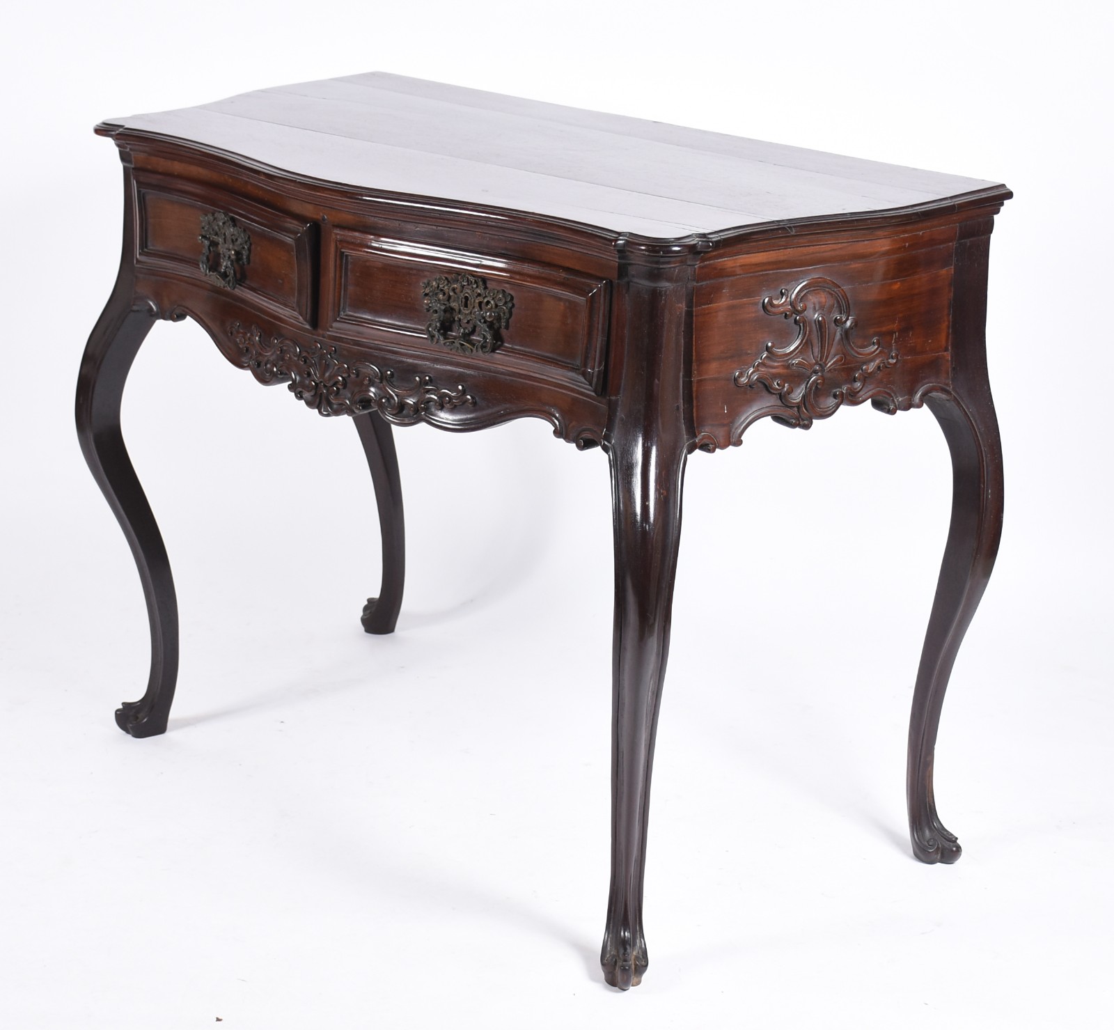 Mesa de encostar de madeira nobre com 2 gavetas emolduradas... - foto 1 de 6